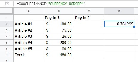 Fórmula de conversión de moneda de hojas