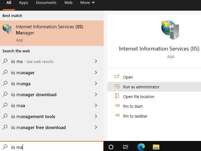 Menú Inicio de Nginx Windows Iis Manager