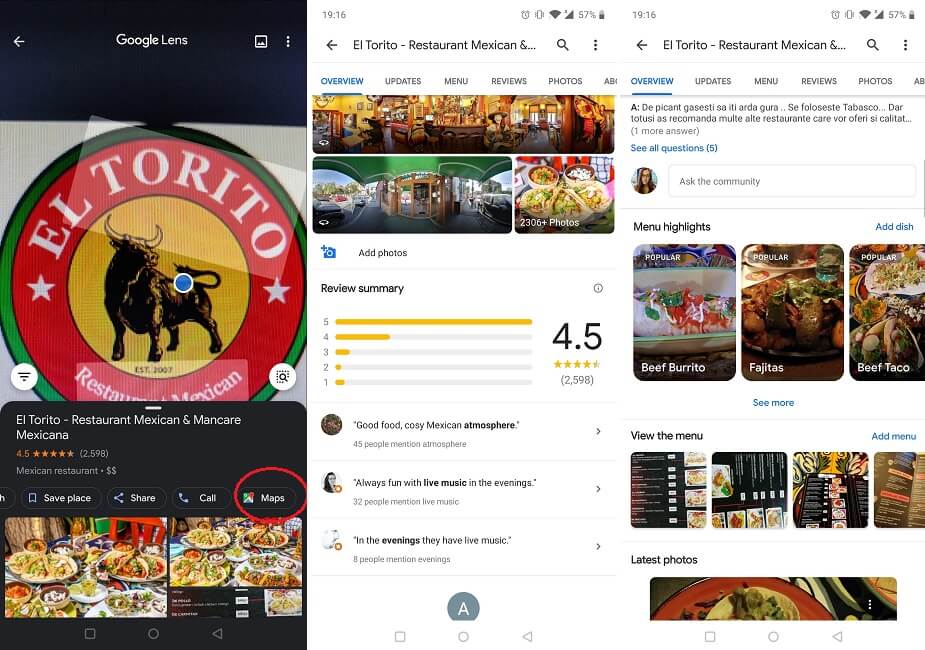 Seis características más de Google Lens Reseñas de restaurantes