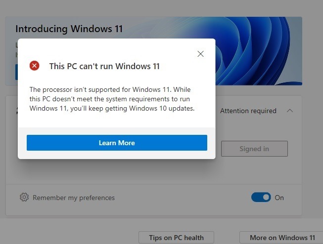 Compatibilidad con Windows 11 El estado de la PC no se puede ejecutar