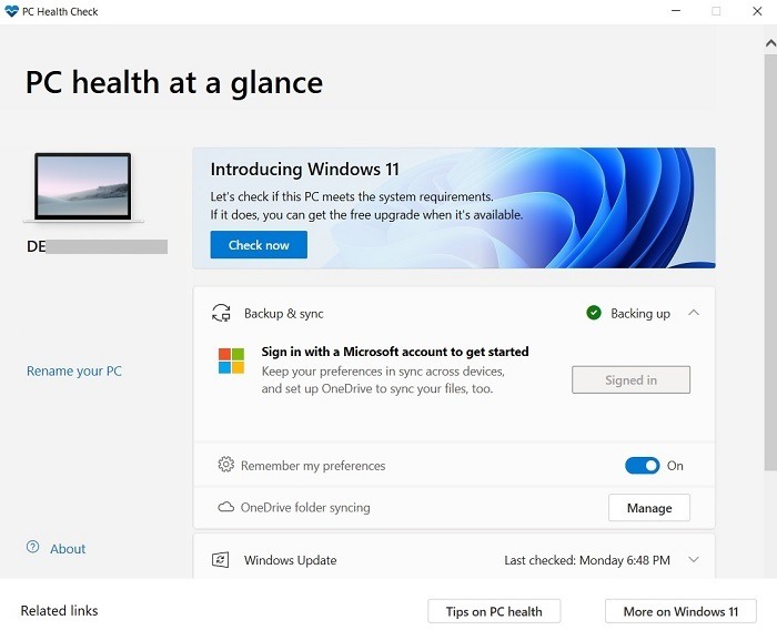 Comprobación de estado de la PC de compatibilidad con Windows 11