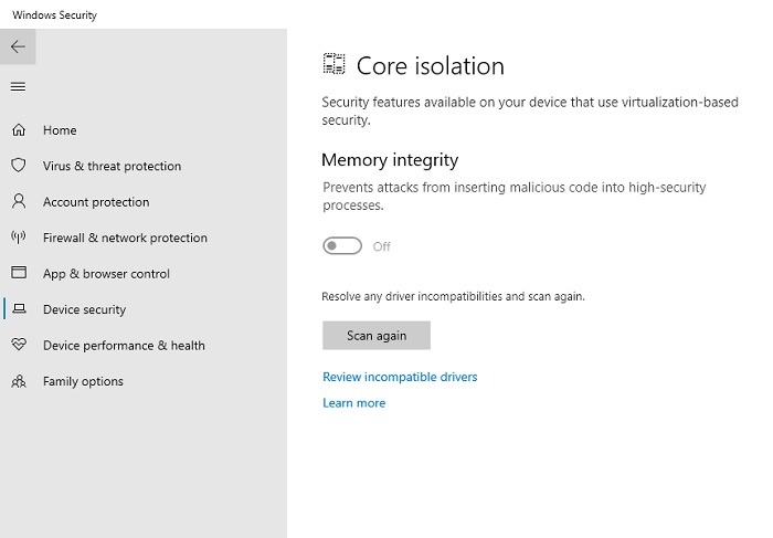 Compatibilidad con Windows 11 Vbs Integridad de la memoria