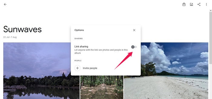 Deshabilitar el uso compartido de enlaces Google Photos Web Uso compartido de enlaces inactivos