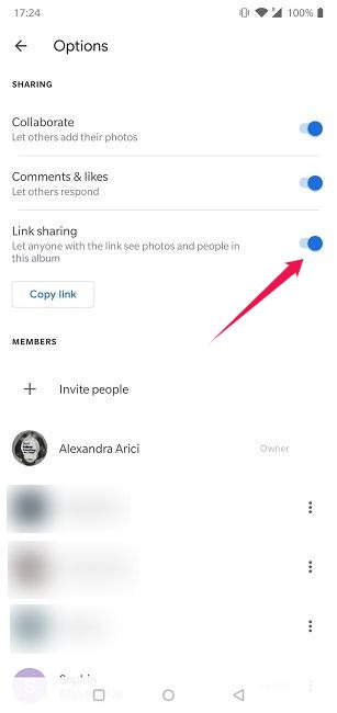 Deshabilitar el uso compartido de enlaces Google Photos Android Deshabilitar el uso compartido de enlaces