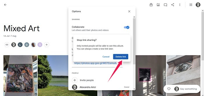 Desactivar enlace compartido Google Photos Web Eliminar enlace