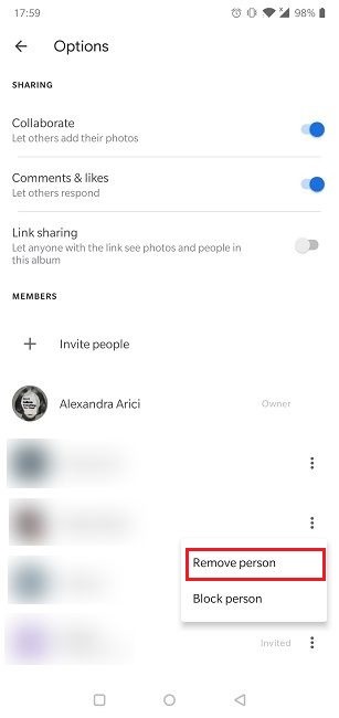 Deshabilitar el uso compartido de enlaces Google Photos Android Eliminar persona