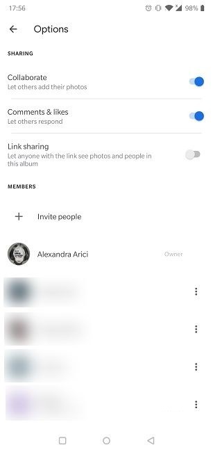 Desactivar enlace compartido Google Photos Android Vista de miembros 1