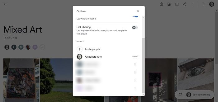 Deshabilitar el uso compartido de enlaces Vista de miembros web de Google Photos