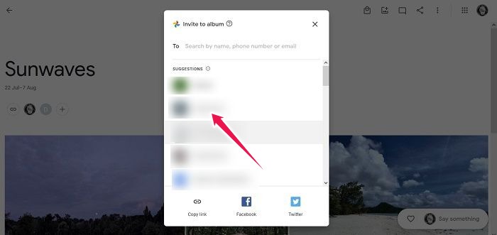 Desactivar enlace compartido Google Photos Invitación web Álbum de contactos