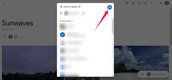 Deshabilitar el uso compartido de enlaces Fotos de Google Presione el botón Enviar para compartir