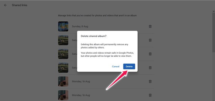 Desactivar uso compartido de enlaces Google Photos Web Eliminar enlace de imagen única