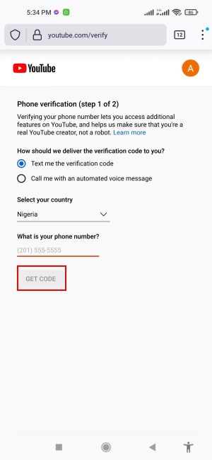 Verificar el número de teléfono del país de Youtube Obtener código