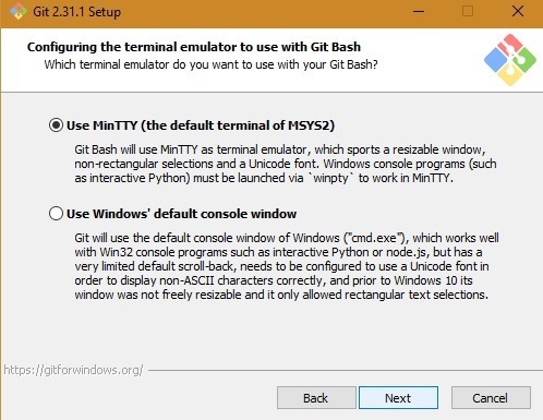 Terminal predeterminado de Git Bash Mintty