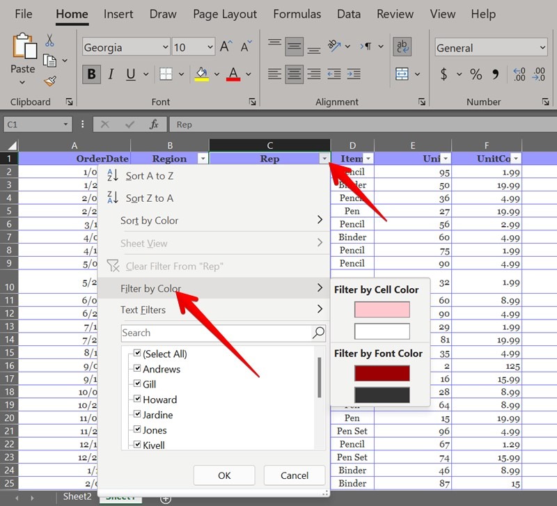 Filtro de valores duplicados de Excel por color