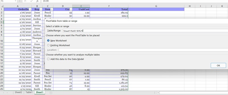 Rango de selección de tabla dinámica de valores duplicados de Excel