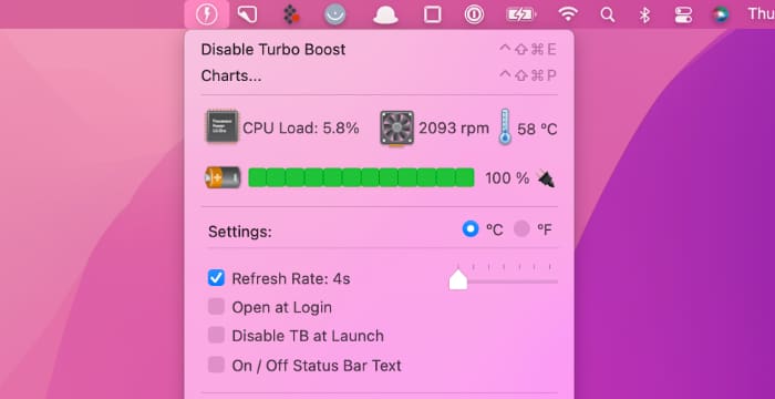 Cómo habilitar o deshabilitar Turbo Boost Mac Turbo Boost Switcher Menu