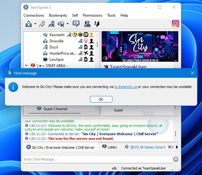 Pantalla principal de Teamspeak conectada