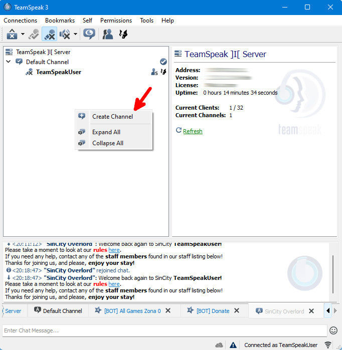 Teamspeak Crear un canal