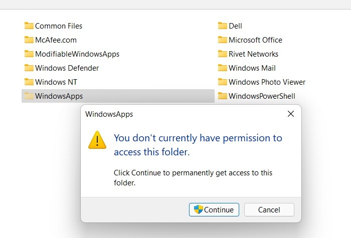 La carpeta Windowsapps actualmente no tiene permiso
