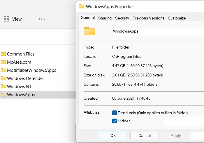 Propiedades de la carpeta de aplicaciones de Windows