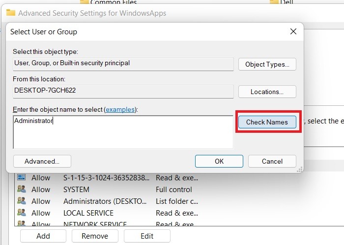 Carpeta de aplicaciones de Windows Seleccionar nombres de verificación de usuario Windows11