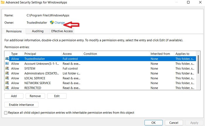Cambio de carpeta de aplicaciones de Windows desde Trustedinstaller