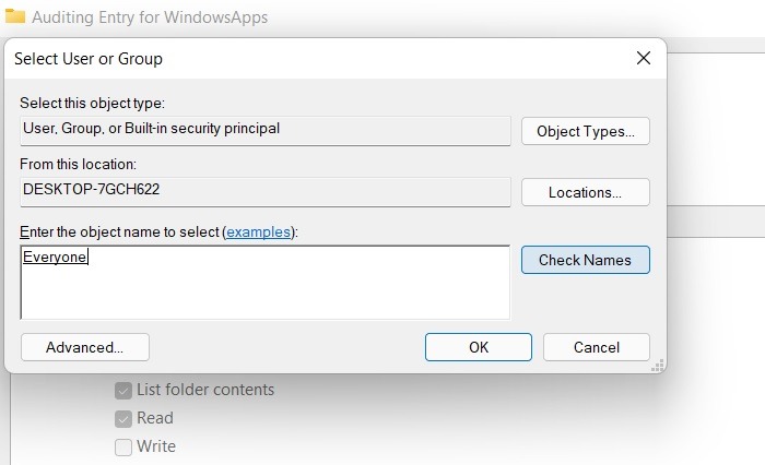 Auditoría de carpetas de Windowsapps Agregar a todos Windows11