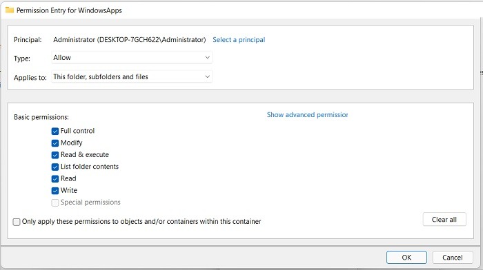 Carpeta de aplicaciones de Windows Seleccionar entrada de permiso de usuario Windows11