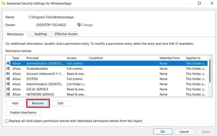 Configuración de seguridad avanzada de la carpeta Windowsapps Eliminar administrador