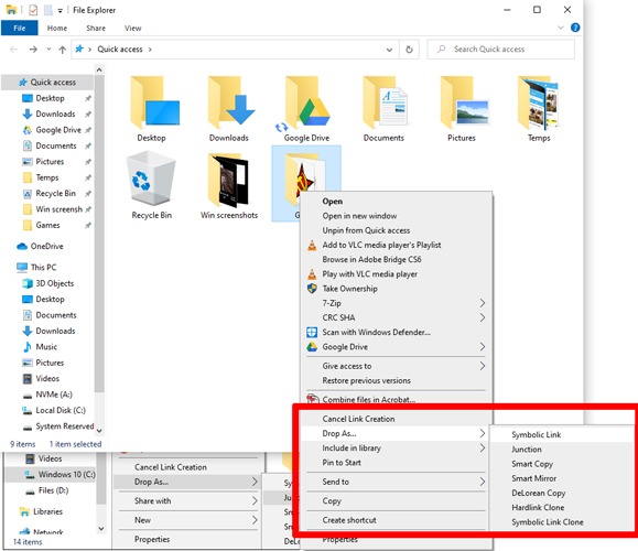 Crear enlace simbólico Windows 10 Soltar como