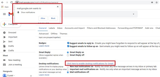 Cómo obtener notificaciones de Gmail en Chrome Gmail Permitir