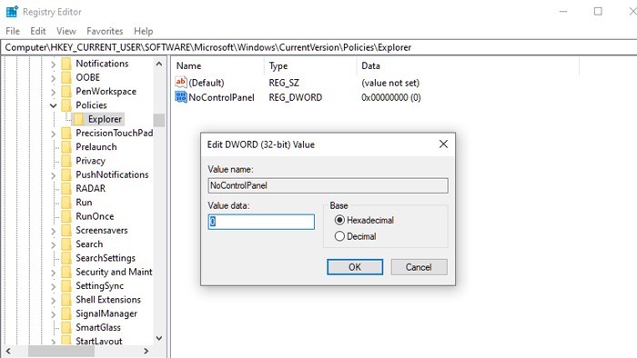 La aplicación de configuración no funciona Nocontrolpanel