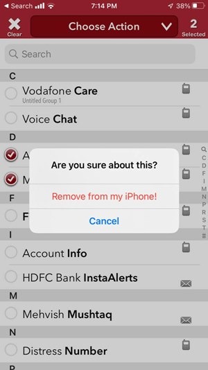 Eliminar múltiples contactos Iphone Grupos Aplicación Eliminar Confirmar