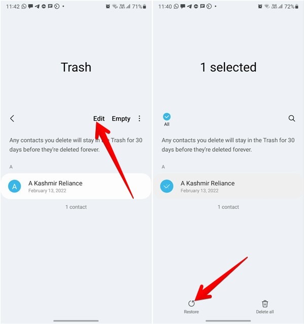 Eliminar varios contactos Samsung Trash Restore