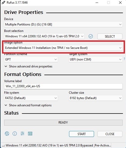 Rufus Image Option Instalación extendida de Windows 11