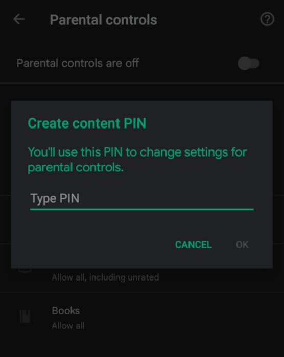 Controles parentales de Android Pin de Google Play