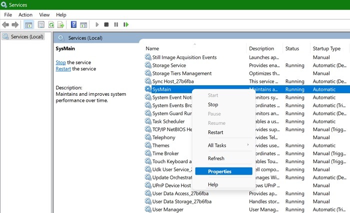 High Memory Fix Services Sysmain Rightclick Properties