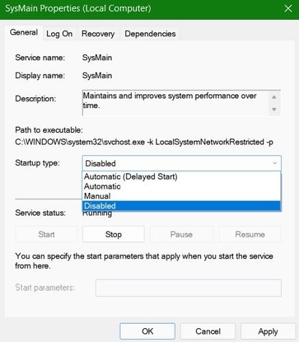 Servicios de reparación de memoria alta Sysmain Startuptype Delayed