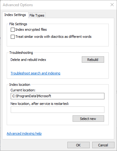 Arreglar la búsqueda de Windows que no funciona Reconstruir índice