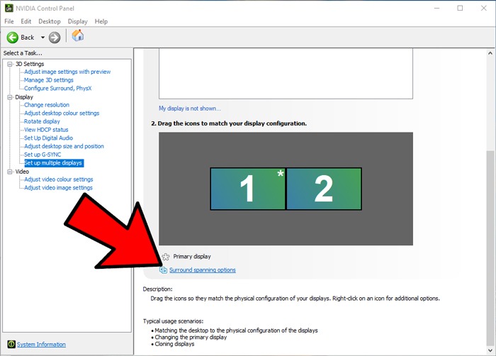 Configurar varios monitores Gaming Nvidia Panel de control Surround Spanning