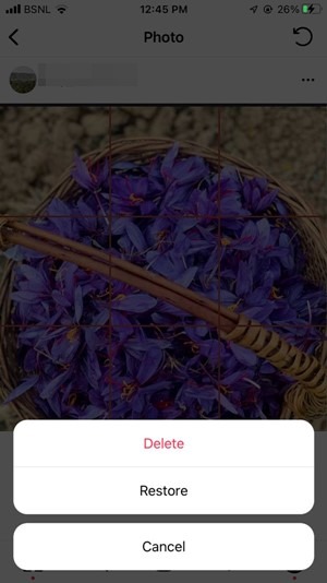 Instagram Eliminar foto Restaurar reciente
