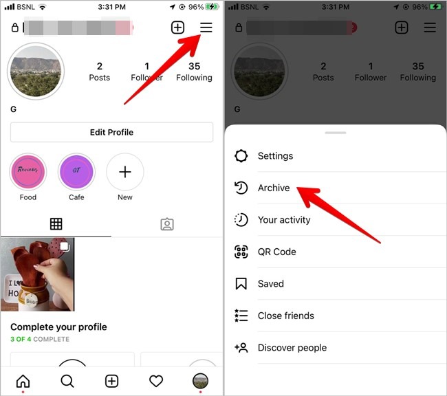 Sección Eliminar archivo de fotos de Instagram