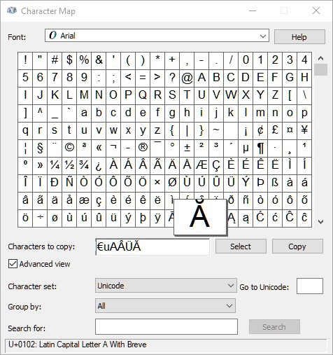 Tipo Caracteres especiales Caracteres del mapa de caracteres de Windows