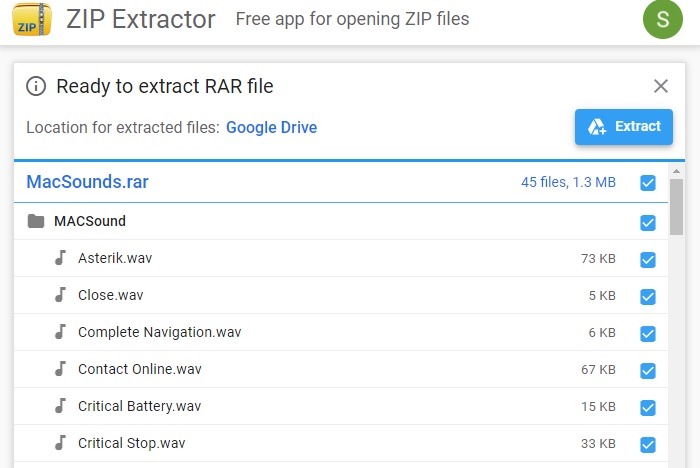 Extracción de esquemas de sonido de Windows en Zip Extractor