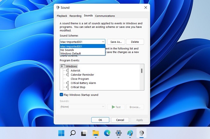 Esquemas de sonido de Windows Windows11 Eliminar esquema de sonido