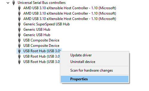 Menú contextual para concentrador raíz USB