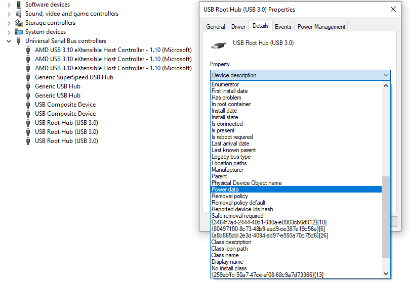 Opción del menú desplegable de datos de energía para verificar la salida de energía del USB