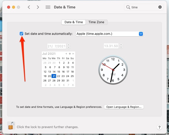 Captura de pantalla que muestra la aplicación Fecha y hora en Mac