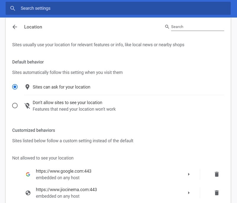 Configuración del sitio de Google Chrome Personalizar