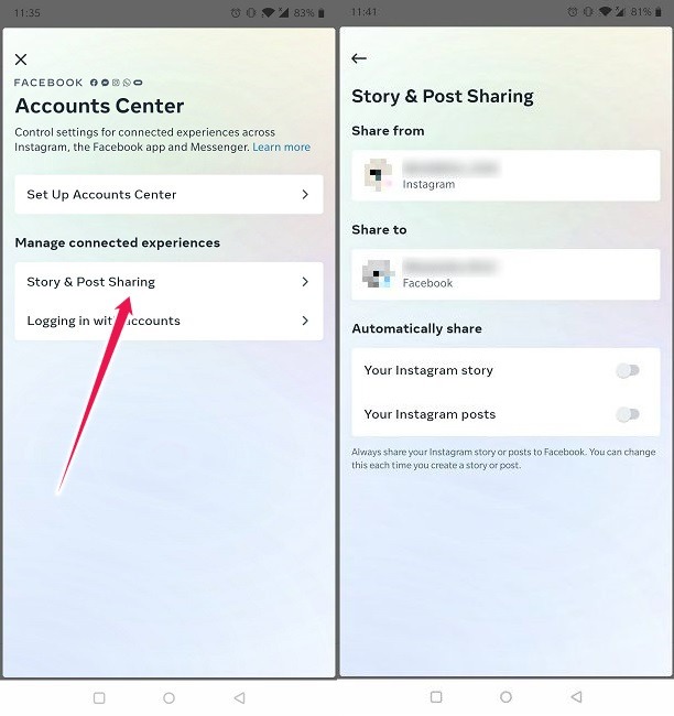 Cómo vincular o desvincular la configuración de uso compartido de publicaciones de historias móviles de Instagram y Facebook